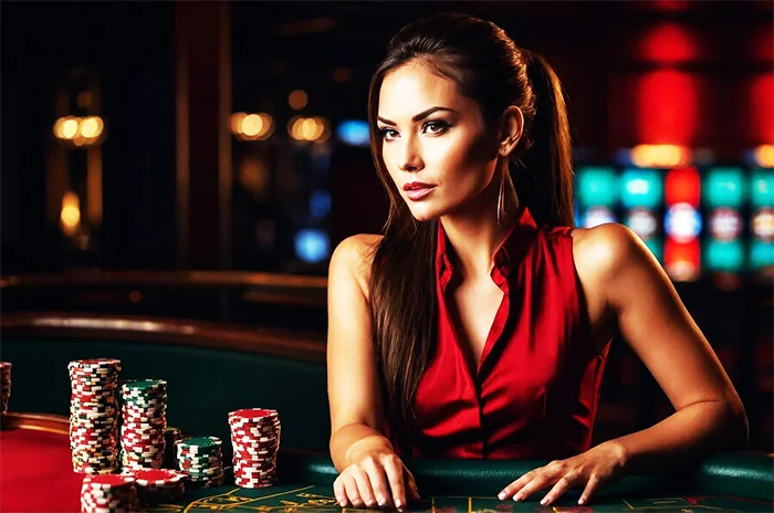 Dealer live di depan meja permainan dengan antarmuka kamera