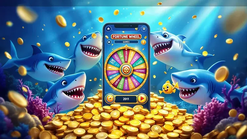 Meriam dan target ikan berwarna-warni pada permainan arcade bawah laut