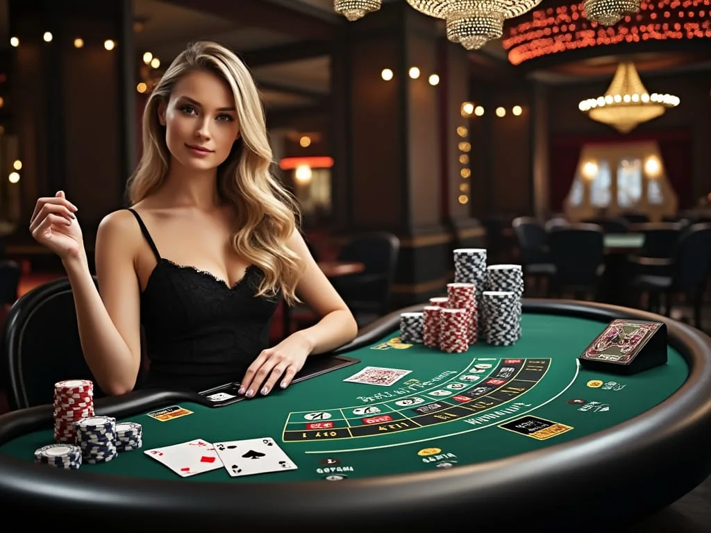 Ruang meja live dengan dealer dan area taruhan